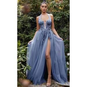 NEW ANDREA & LEO COUTURE halter a-line tulle gown in smoky blue